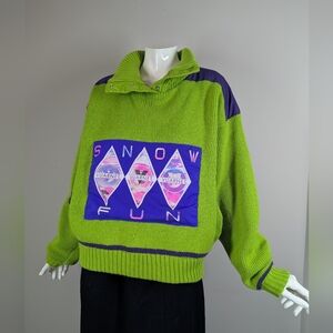 Vintage Vuarnet Snow Fun Knit Sweater | Graphic Ski Pullover Lined 80s Retro